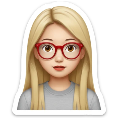 20 yr old asian woman, straight thick long brown hair, blond at tips of dark brown hair, center part to hair, big red glasses, brown eyes, casual shirt sticker