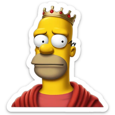 Half body portrait of homer simpson wearing a red cloth, black sunglasses and a crown and sitting in a huge thorn sticker