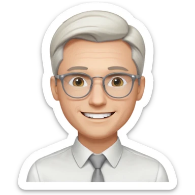 30 yr old pale white man, white/grey side swept stylish hair, round glasses, big smile, white teeth, handsome, longer hair, thin glasses, white dress shirt, smooth forehead, botox, no tie, open collar sticker