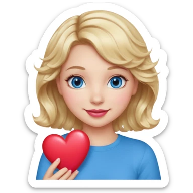 Girl Blonde short wavy hair,  blue eyes, cute blue top, long lashes, pink lips, smiling, holding a big heart sticker