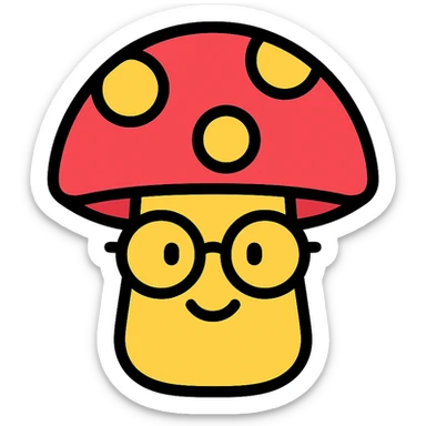 colorful icon of a mushroom with glasses and a smile sticker