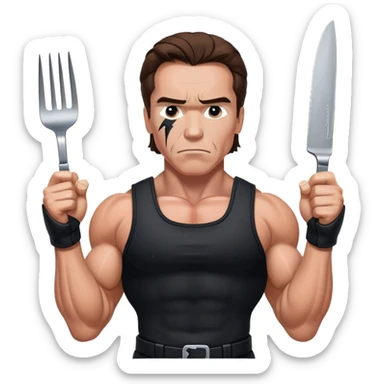 Young Arnold Schwarzenegger from the Commando poster wearing black with war makeup on ready to fight with fork and knife (seen above the chest) sticker