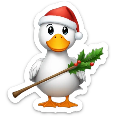 Goose wearing an Xmas hat and holding a stick sticker