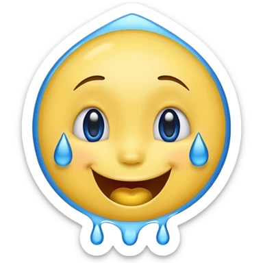 Emoji, yellow round laughing face, blue tears of joy on it. 2 big blue tears on each of the 2 cheeks sticker