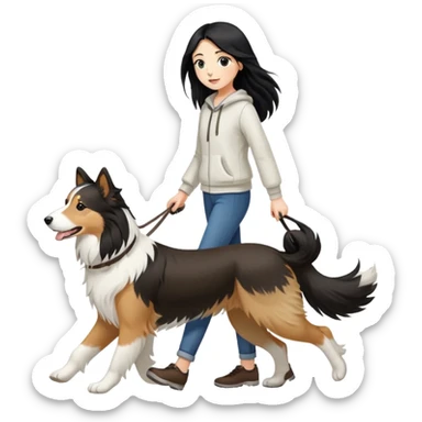A girl with long black hair walking a white and brown collie sticker