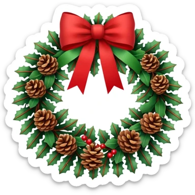 Christmas wreath with extra long bow and pinecones sticker