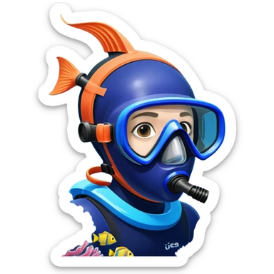 An icon featuring a close-up of a freediving mask and snorkel, with a breath-holding diver's fins, set against a vibrant underwater world. The design includes coral reefs, fish, and bubbles, symbolizing the serene beauty and thrill of freediving. Transparent background highlights the calm sticker