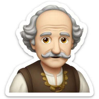 Short pudgy old man over enthusiastic face bald forehead long wavy gray and brown brunette long wavy hair moustache Shakespearean dress vintage clothes hamlet sticker
