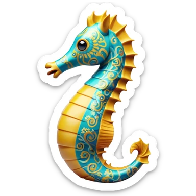 Cinematic Realistic Comical Sea Horse Portrait Emoji, Head tilted dramatically with an exaggeratedly amused expression, featuring a striking, finely detailed body with bold, whimsical patterns and wide, expressive eyes full of playful disbelief, rendered with natural, vibrant hues and realistic texture; high shine, dramatic yet playful, styled with an air of cheeky aquatic mischief, soft glowing outline, capturing the essence of a spirited and over‐the‐top sea horse that looks ready to bob its way into viral fame! sticker