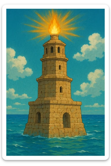 A three-tiered ancient tower with a squared base, octagonal middle, and cylindrical top. The tower has a stone texture with slight cracks and wear, showing its ancient but not ruined state. Each level has small windows or arches. At the top, there is a glowing fire or torch with gold/yellow and orange rays. The base of the tower is surrounded by blue waves lapping at it. The color palette consists of sandstone (beige/tan) for the tower, turquoise/blue for the sea, and warm gold for the fire. The style should be vibrant and detailed, capturing the essence of an ancient beacon by the sea. sticker