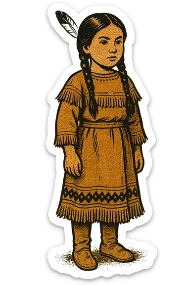 A standing young native american girl from the 1860s wearing her traditional native american clothing sticker