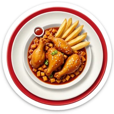 Plato redondo visto desde arriba con pollo estilo General Tso, trozos crujientes bañados en salsa agridulce brillante color rojo, acompañado de arroz blanco esponjoso y papas fritas doradas gruesas al lado sticker