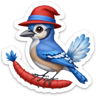 a blue jay wearing a hat, holding a worm sticker