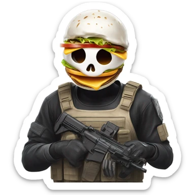 Ghost from call of duty holding a burger sticker