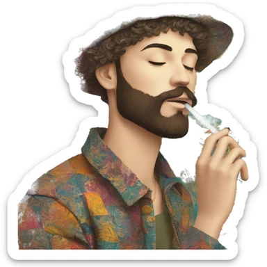 Person vaping wearing a colourful patchwork of intricate vintage patterns, vape sticker