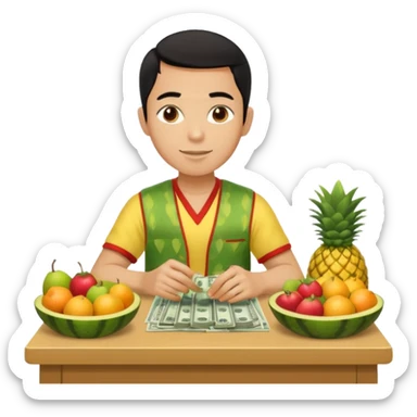 chico piel clara pelo negro con ropa de frutero sentado en una mesa contando mucho dinero sticker