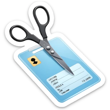 Floating black Scissors cutting a light blue military ID card in 2 parts .hyper realistic sticker
