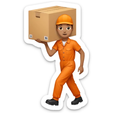 orange overalls carrying a large box sticker