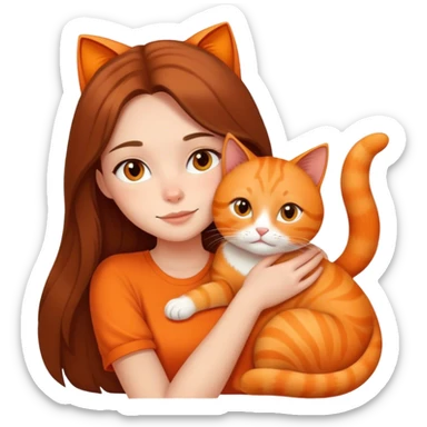 a pretty girl with long brunette hair was cuddling an orange cat. sticker