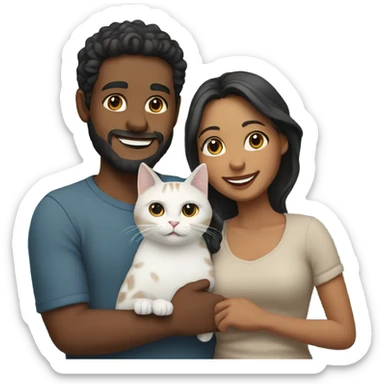 smiling couple by the ocean holding cat sticker