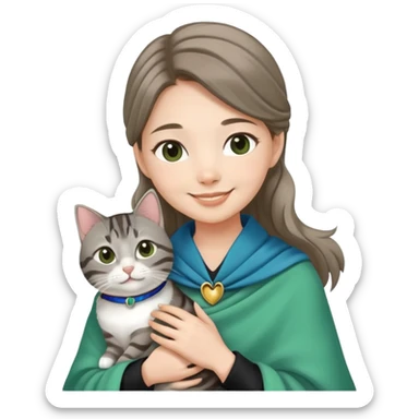 Asian White girl wearing cute green shawl holding a black grey tabby cat while smiling. The cat is wearing a blue collar sticker