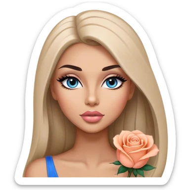 Glamours, tanned, very beautiful girl, with big pump peach-beige-rose lips, long long lashes, black straight smooth silky long hair, straight parting hair, blue-grey eyes sticker