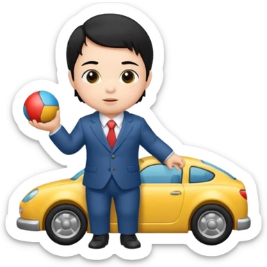 black haired baby playing car toy, wear suit sticker