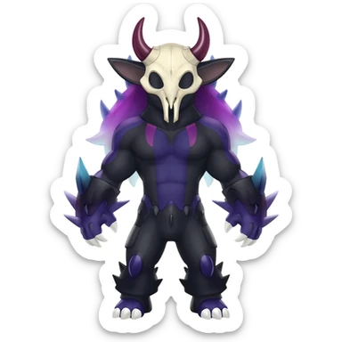 Shiny Dark Edgy  Duskull-Salandit-Inteleon-Amaura-Fakémon-hybrid-creature (full body) with a horned animal-skull-mask sticker