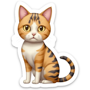 full body calico tabby cat with skinny head and fat body with an anxious face sticker