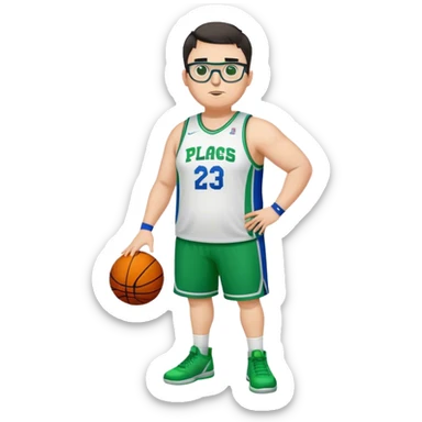 Full Body plus size white male with dark short hair basketball player wearing glasses wearing blue green uniform sticker