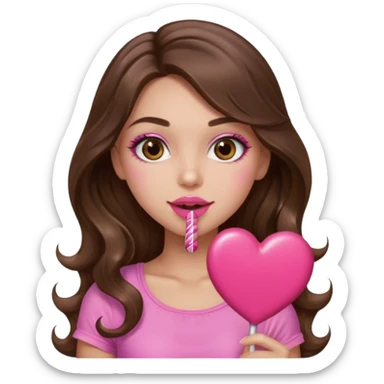 girl with long wavy brown hair, brown eyes, long lashes makeup, sexy pink lips, light to medium complexion, wearing a pink sexy top,, heart lillipop sticker
