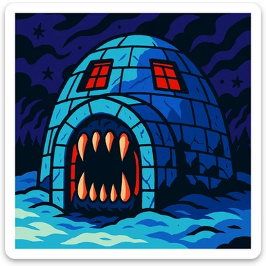a menacing igloo with monster teeth at the entrance and red glowing windows, horror illustration style, scary and detailed sticker