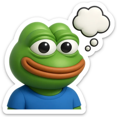 make a pepe in bright green smiling and looking straight at the camera with thought bubble looking at right right in 3d style, good highlights and shadows, drop shadows sticker