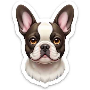 Cinematic Noble Pied French Bulldog Portrait Emoji, Radiating regal yet playful charm, with a distinctive pied fur of contrasting hues and a sculpted, expressive face featuring gentle, wise eyes and a confident stance, simplified yet artistically detailed, glowing with a soft, sophisticated radiance, high shine, exuding intelligent nobility and refined flair, soft glowing outline, capturing the essence of a noble Pied French Bulldog that embodies both strength and grace! sticker