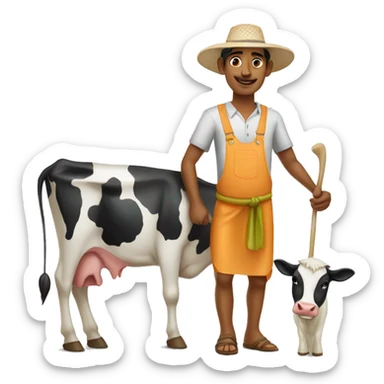 indian dairy farmer with cow nearby with white background sticker