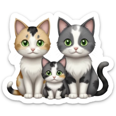 3 different coloured small cats including a dark grey and white, and a patchy calico and a completely solid dark grey with green eyes and only white paws sticker