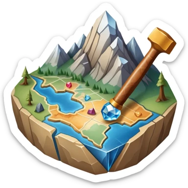 An icon featuring a rock hammer, a fossil, and a geological map, symbolizing geology. The design includes layers of the Earth, a crystal, and a mountain range, representing the study of Earth's structure, materials, and natural processes. Transparent background highlights geological research sticker