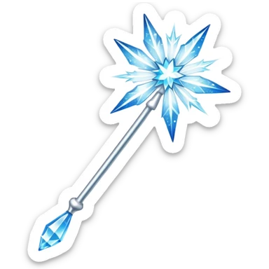 A sparkling fairy wand emoji with a silver handle and a starburst tip, glowing with icy blue and white sparkles sticker