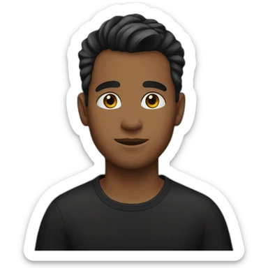 A young man with brown skin, hair tied up, and wearing a black shirt sticker