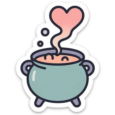 A witch's cauldron brewing a potion with steam transforming into a heart, icon-color-outlined style, thin clean contours, soft rounded shapes, pastel palette #98B5BC, #B5B3C1, #C9A3C9, #E4C0CA, #F7DCD1, #F7C0AA, modern Japanese pop art and sticker aesthetic, detailed shadows and highlights, soft lighting, transparent background sticker