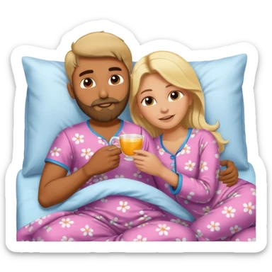 Naked bald Indian man with a beard in bed spooning naked blonde woman sticker