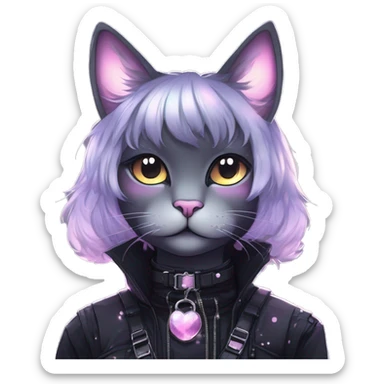 Gorgeous sparkly ethereal shiny gradient gothic dark techwear anime style anthro cat with blushing face aesthetic and pretty edgy black with collar and harness trending style sticker