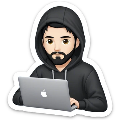 hackeur blanc cheveux noir barbe et capuche noir avec un macbook sticker