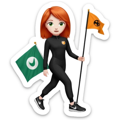 white girl wearing orange cameo trousers and along sleeve high neck black bodysuit with black and white Nike trainers. she has red hair and bluey green eyes and is holding flag with her logo on  sticker