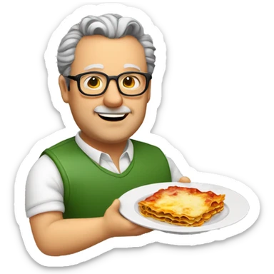 fat middle aged italian man with grey comb-back hair and glasses holding a plate of lasagna sticker