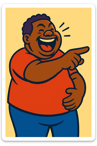 a fat black man pointing and laughing, colorful, exaggerated expression, vibrant toon style sticker