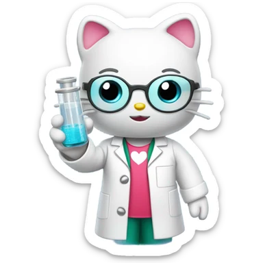 Hello Kitty wearing a tiny lab coat and goggles, holding a test tube sticker