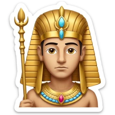 A regal pharaoh with golden headdress, calm stern eyes, and holding a crook and flail with authority.
 sticker