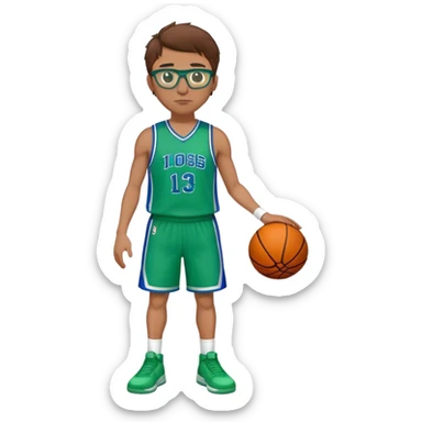full body brown hair white male basketball player wearing glasses in blue an green uniform sticker