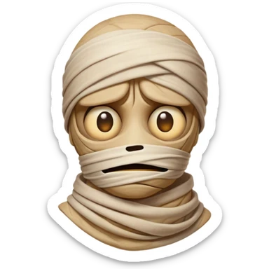 Cinematic Comical Mummy Portrait Emoji, with a humorously disheveled, oversized bandaged form in warm, faded hues, head cocked in a dramatically shocked expression with comically wide eyes peeking through the bandages, simplified yet hilariously expressive, highly detailed with a soft glowing outline that captures the absurd charm of an ancient mummy in playful astonishment! sticker